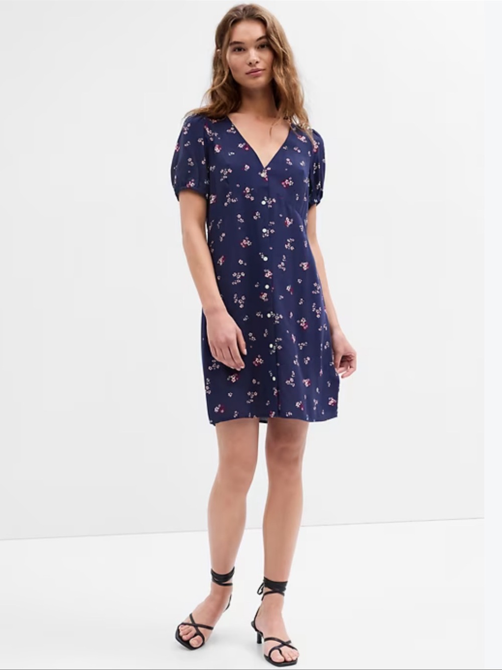 Gap Mini Puff Sleeve Dress, Navy, Floral, Size Medium